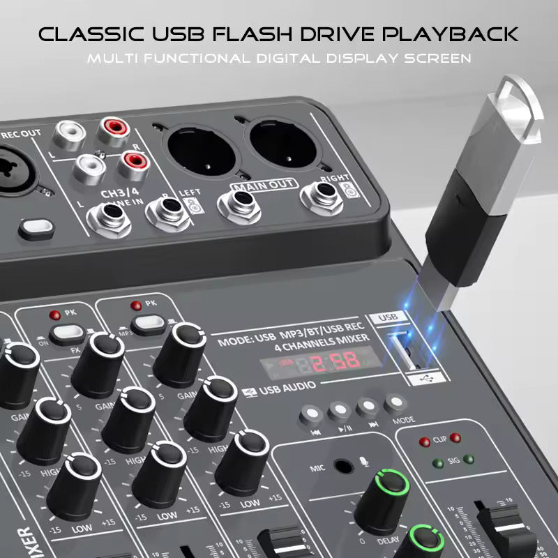 4 Channel Audio Mixer 48V Phantom Power USB Studio Sound Mixers Bluetooth DJ Console Mixing