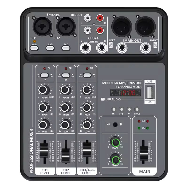 4 Channel Audio Mixer 48V Phantom Power USB Studio Sound Mixers Bluetooth DJ Console Mixing