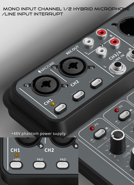 4 Channel Audio Mixer 48V Phantom Power USB Studio Sound Mixers Bluetooth DJ Console Mixing