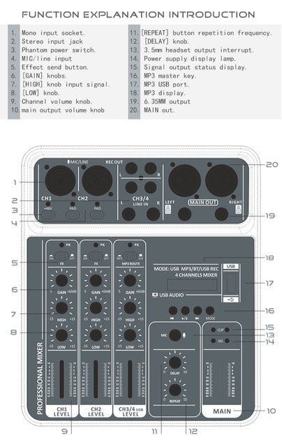 4 Channel Audio Mixer 48V Phantom Power USB Studio Sound Mixers Bluetooth DJ Console Mixing