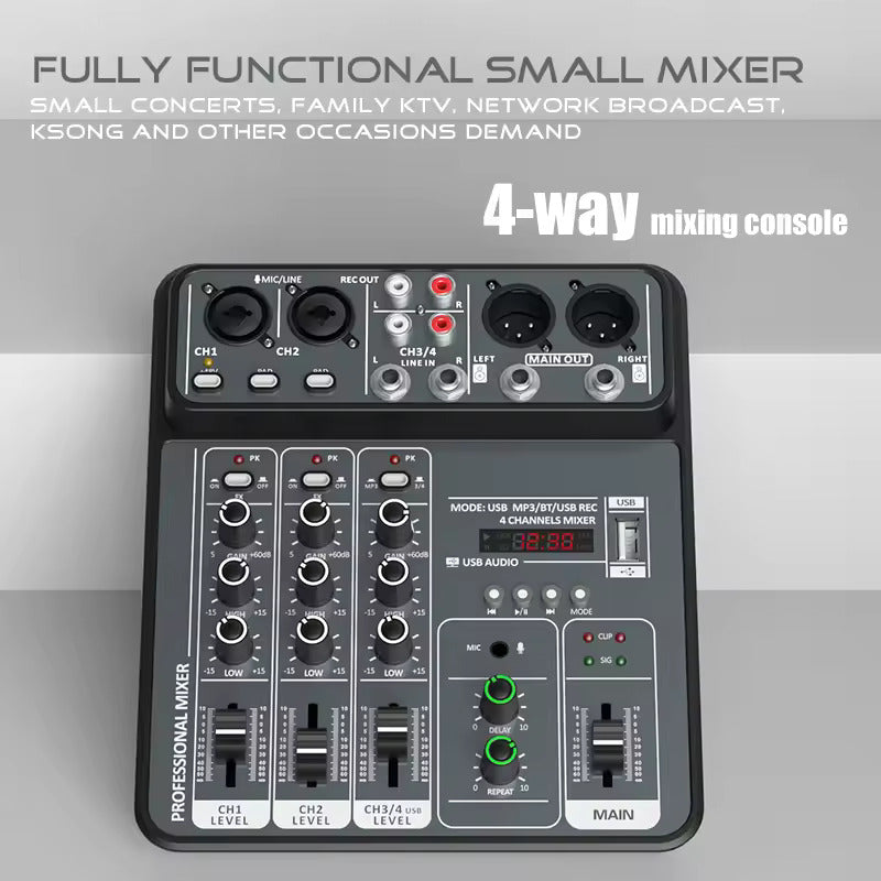 4 Channel Audio Sound Mixer 48V Phantom Power USB Studio Sound Mixers Bluetooth DJ Console Mixing