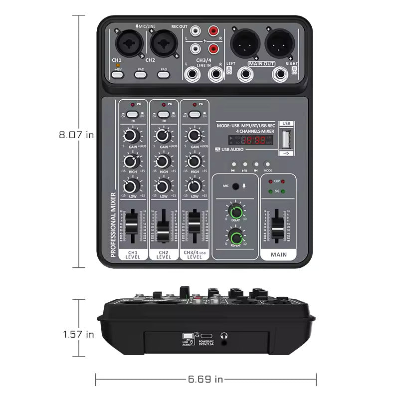 4 Channel Audio Sound Mixer 48V Phantom Power USB Studio Sound Mixers Bluetooth DJ Console Mixing