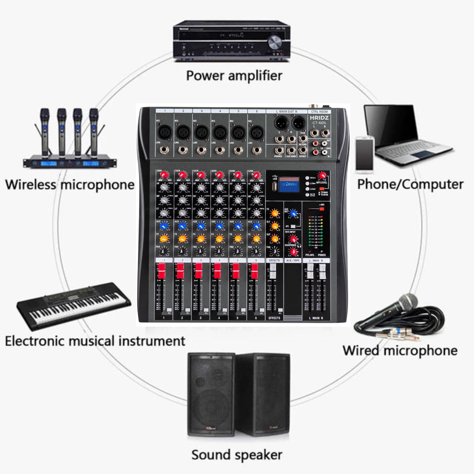 Hridz CT-60S 6 Channel Audio Sound Mixer & UR109 Wireless Mic System Bundle