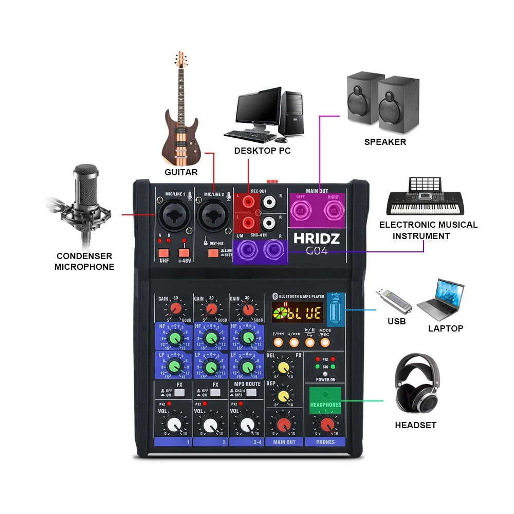 HRIDZ G04 Stereo Audio Sound Mixer with UHF Wireless Microphone for DJ Karaoke PC Record