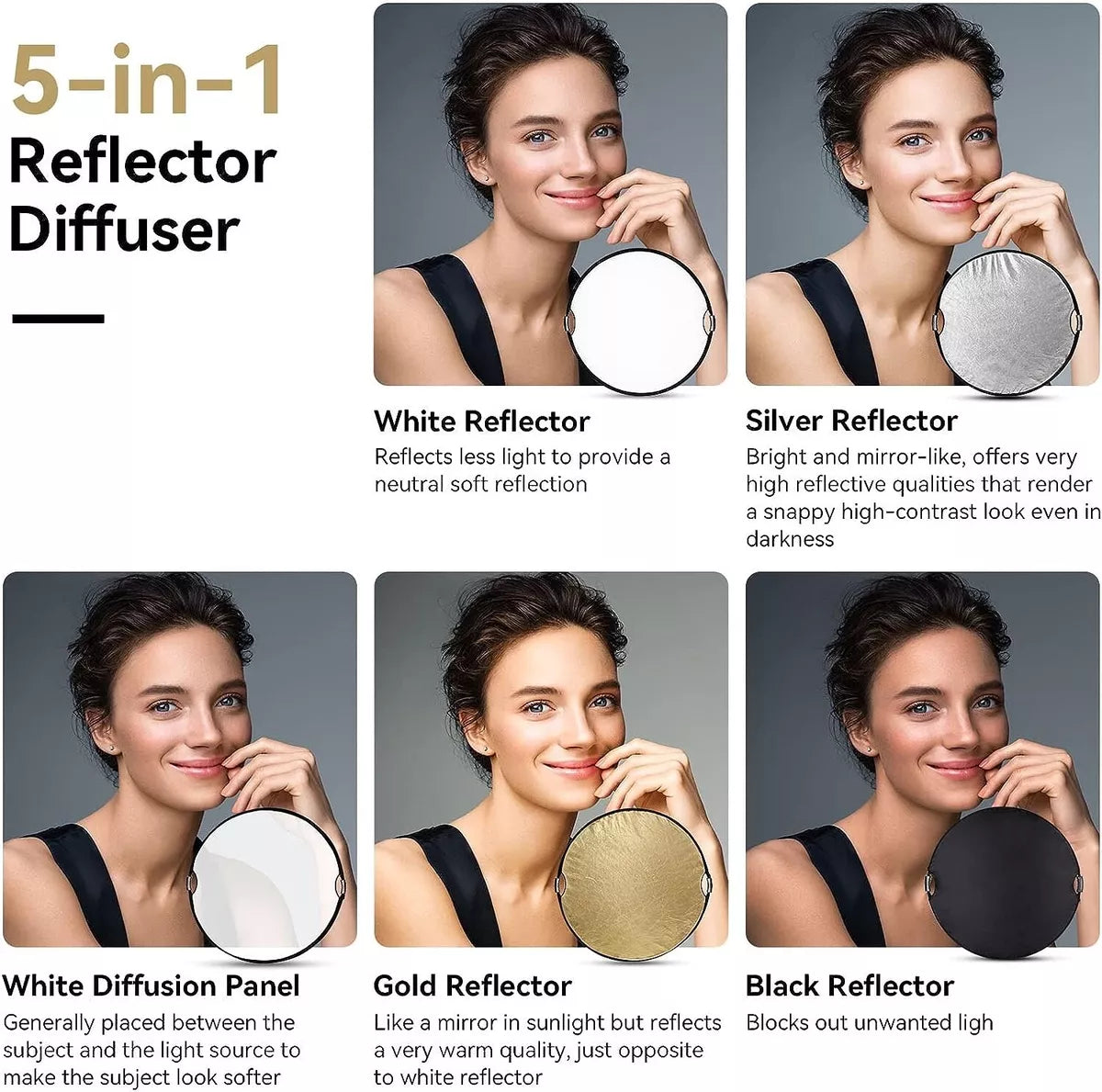 Hridz 110cm 5 in 1 round light reflectors with Hand Grip Translucent, Silver, Gold, White, and Black