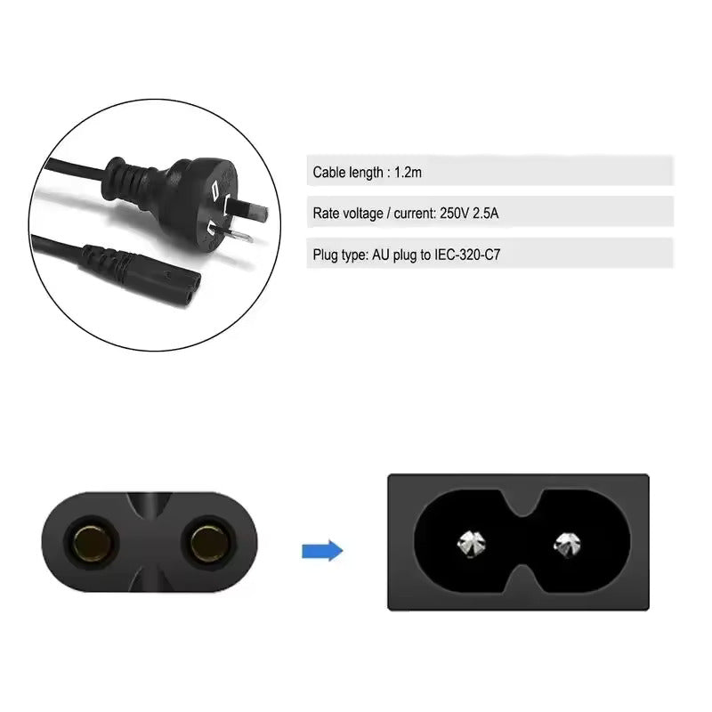 Hridz 1.2M AU Plug 8-IEC C7 AC Power Cord Cable - for Video Light, Monitors, Laptops, TVs & Devices