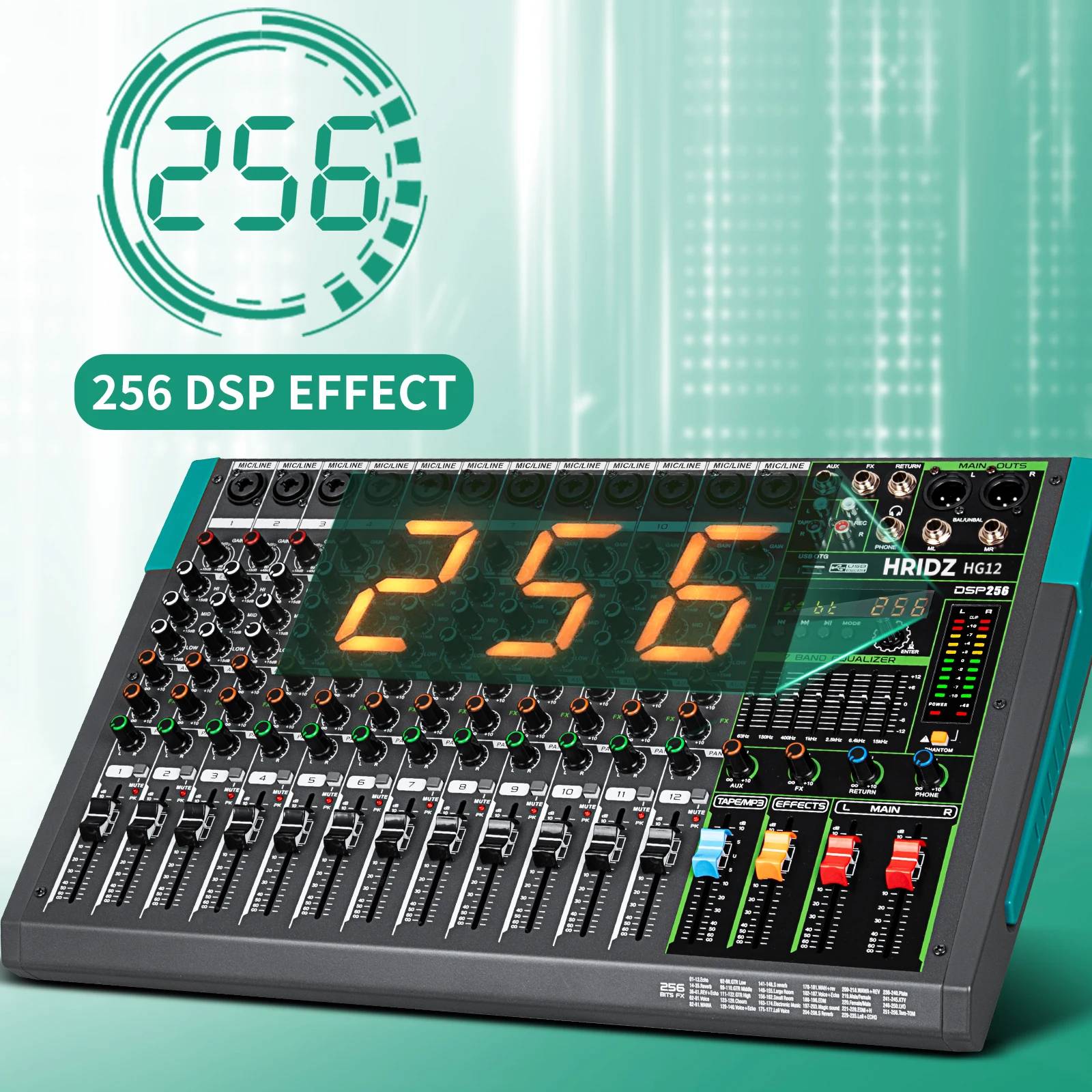 Hridz 12 Channel Professional Audio Mixer Console with Bluetooth, USB, 7-Band Equalizer, DSP Effects - HG12