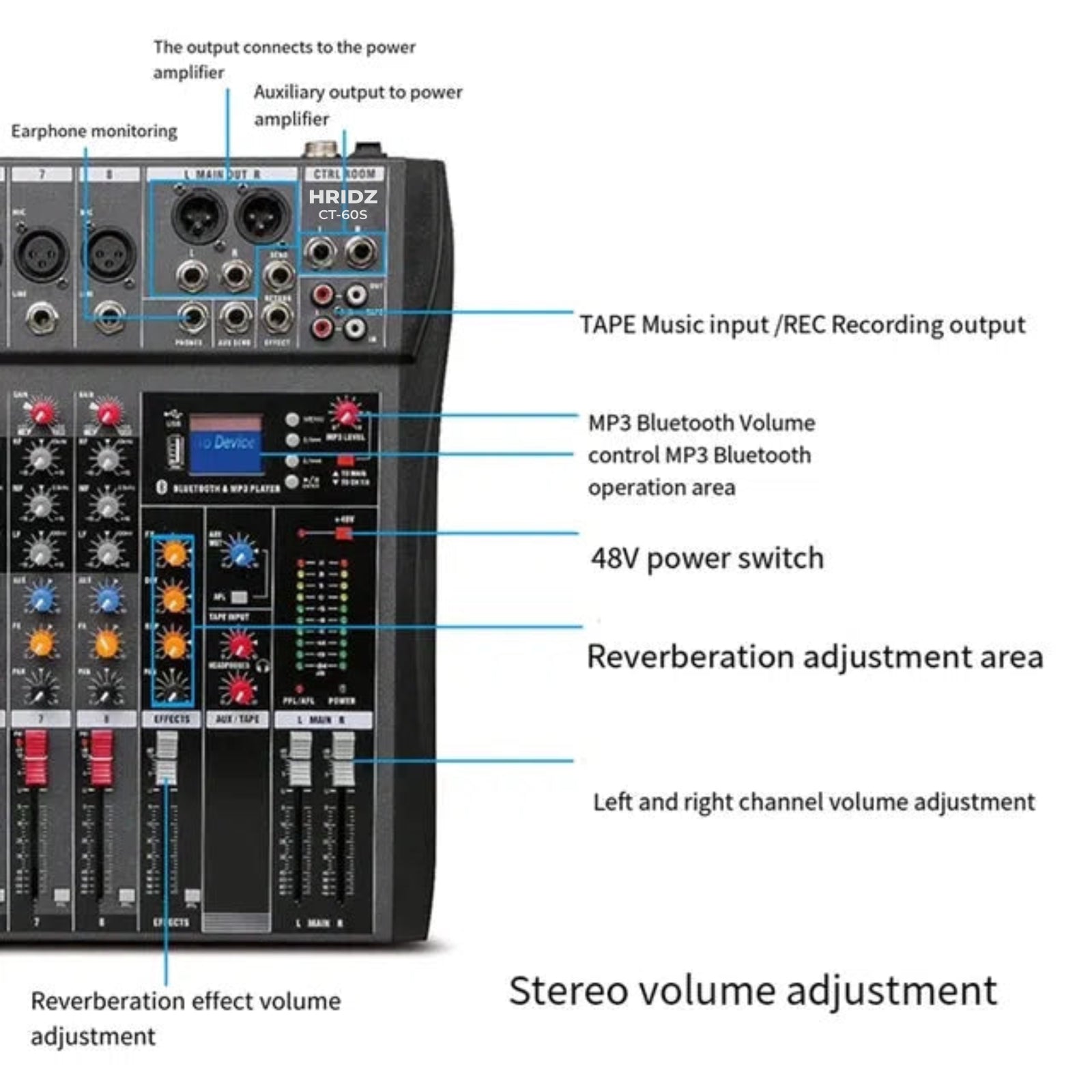 Compact 6 Channels Bluetooth Audio Mixer for Karaoke & Streaming Professionals - Hridz CT-60S