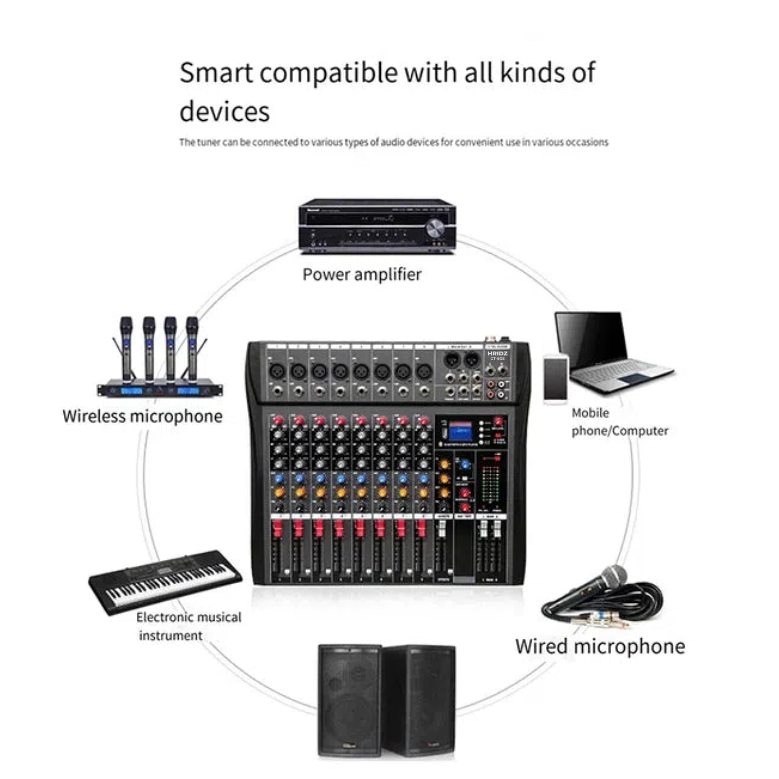 Hridz 8-Ch Audio Mixer with USB Sound Card & Bluetooth - Professional Studio Mixing for PC, DJ, Live Stage & Karaoke