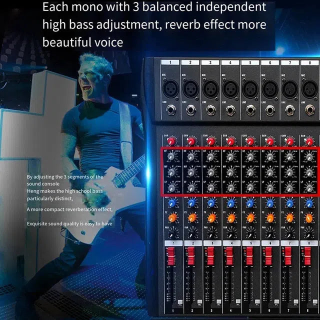 Hridz 8-Channel Audio Mixer with USB Sound Card & Bluetooth - Professional Studio Mixing for PC, DJ, Live Stage & Karaoke
