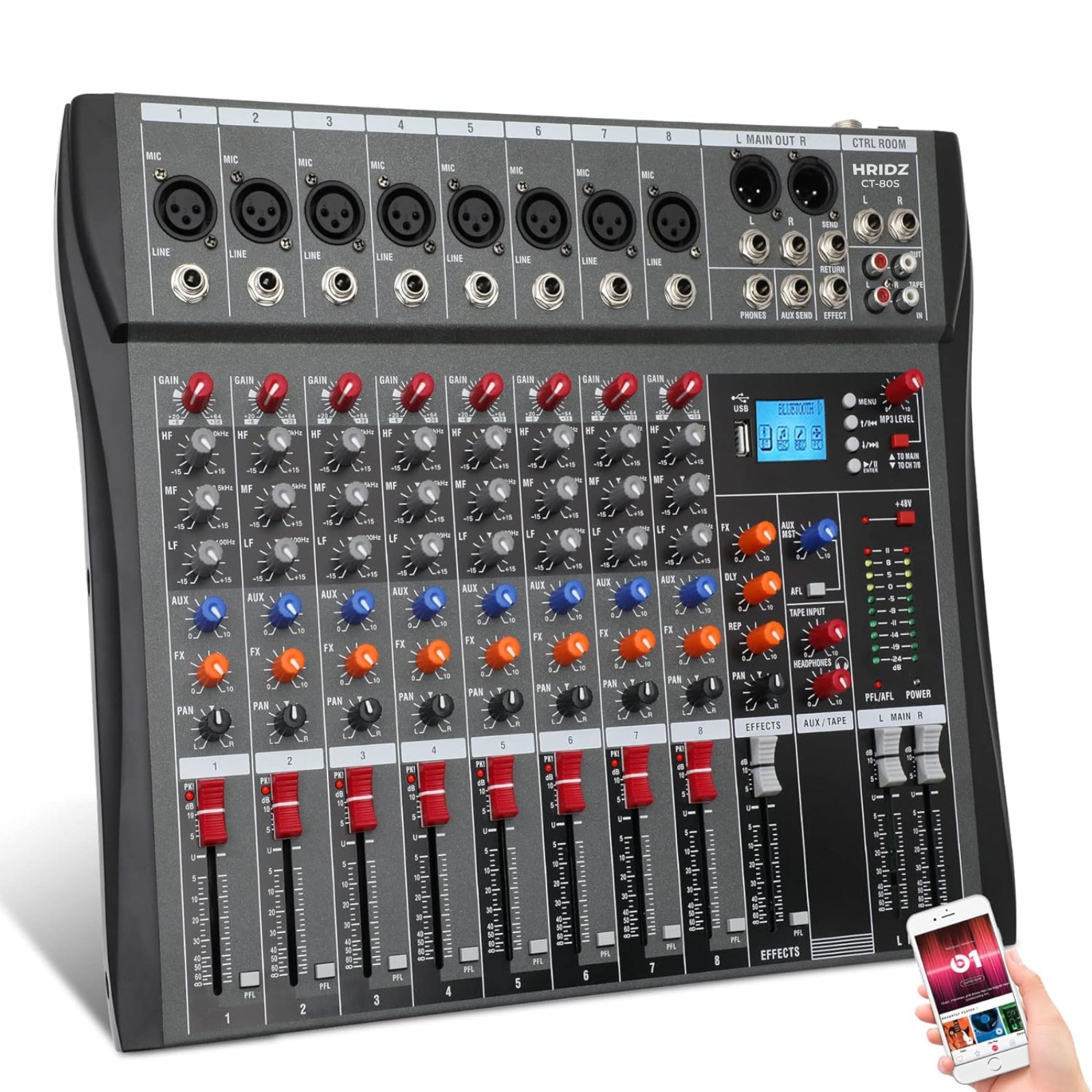 Hridz 8-Channel Audio Mixer with USB Sound Card & Bluetooth - Professional Studio Mixing for PC, DJ, Live Stage & Karaoke