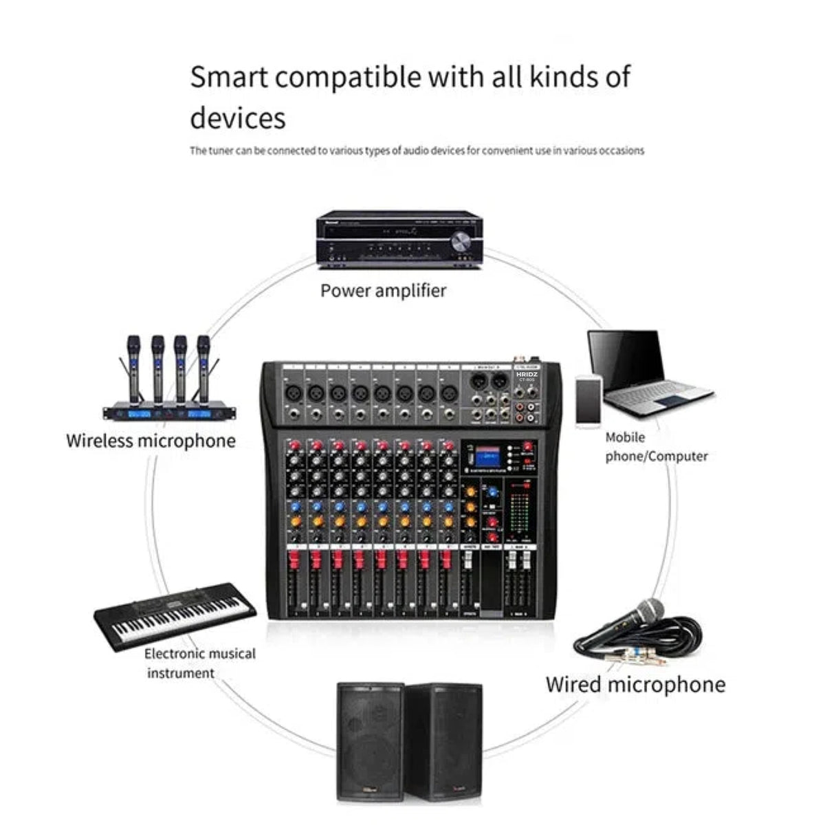 Hridz 8-Channel Karaoke Stereo Audio Mixer & 100m Range UHF Wireless Microphone Bundle