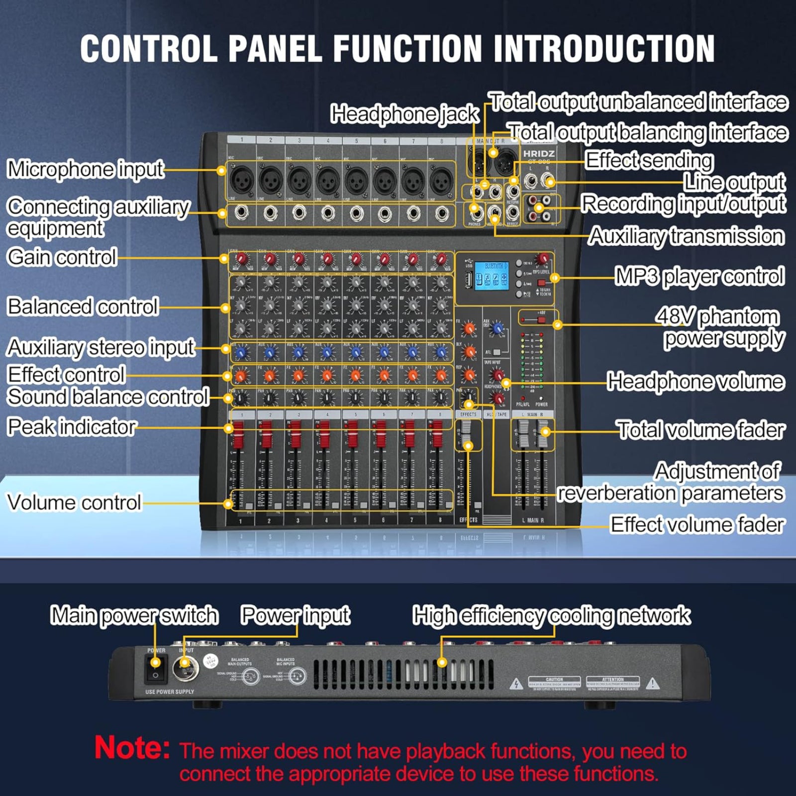 Hridz 8-Channel Audio Mixer with USB Sound Card & Bluetooth - Professional Studio Mixing for PC, DJ, Live Stage & Karaoke