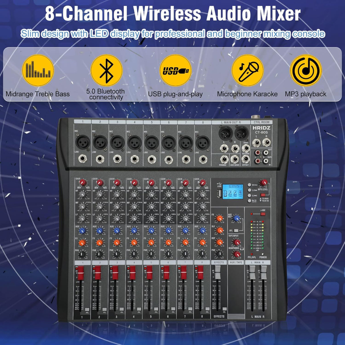 Hridz 8-Channel Audio Mixer with USB Sound Card & Bluetooth - Professional Studio Mixing for PC, DJ, Live Stage & Karaoke
