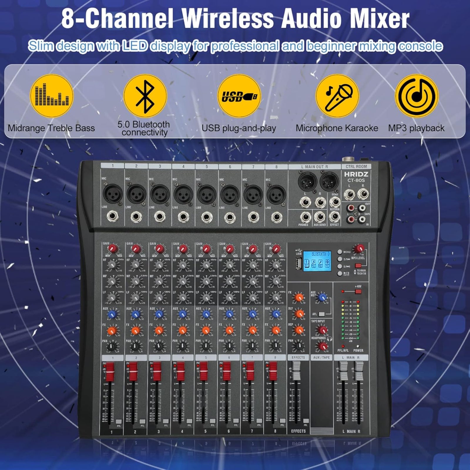 Hridz 8 Channels Bluetooth Audio Mixer DJ Karaoke Live Studio Mixing USB Console Amplifier AUX