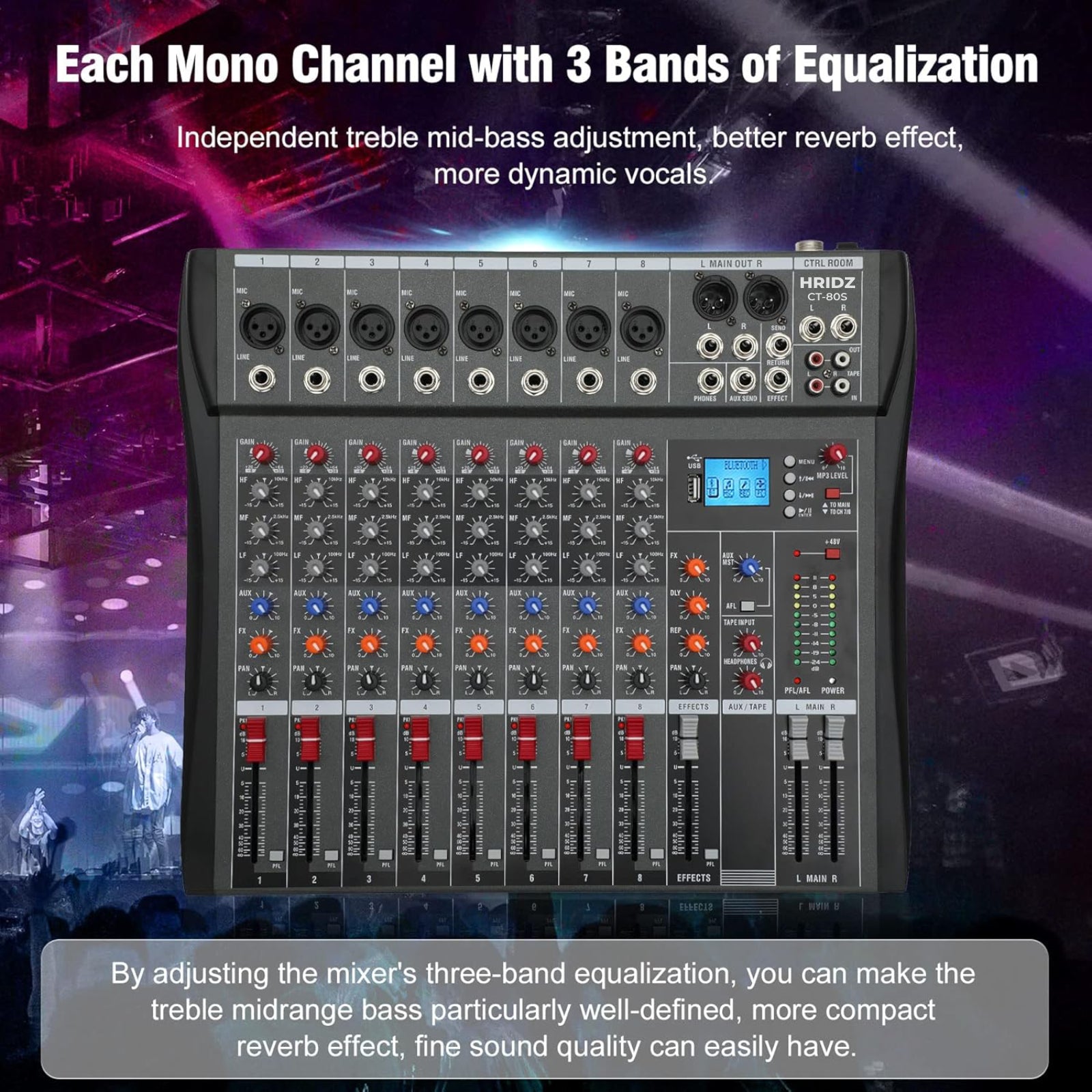 Hridz 8 Channels Bluetooth Audio Mixer DJ Karaoke Live Studio Mixing USB Console Amplifier AUX