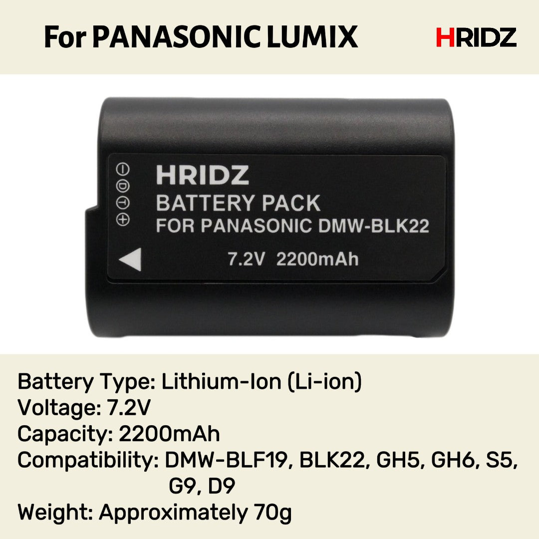 Hridz BLK22 2*Battery 1*Dual Charger for Panasonic DMW-BLK22 LUMIX DSLR Camera GH5s S9 G9