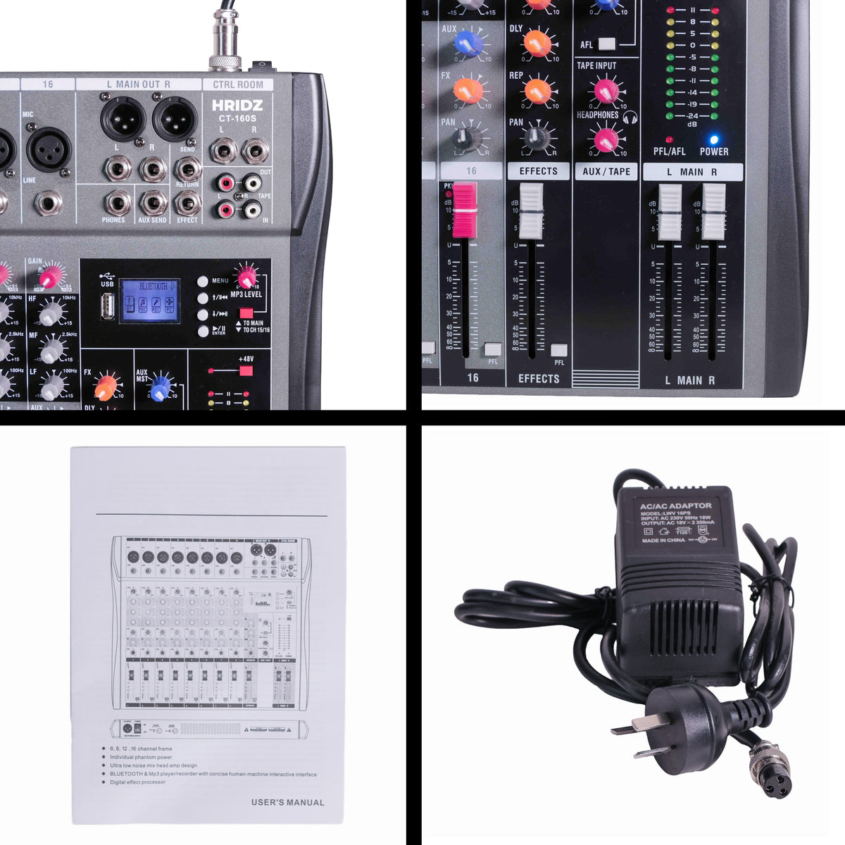 Hridz CT-160S 16-Channel Bluetooth Audio Mixer with USB & 48V Phantom Power