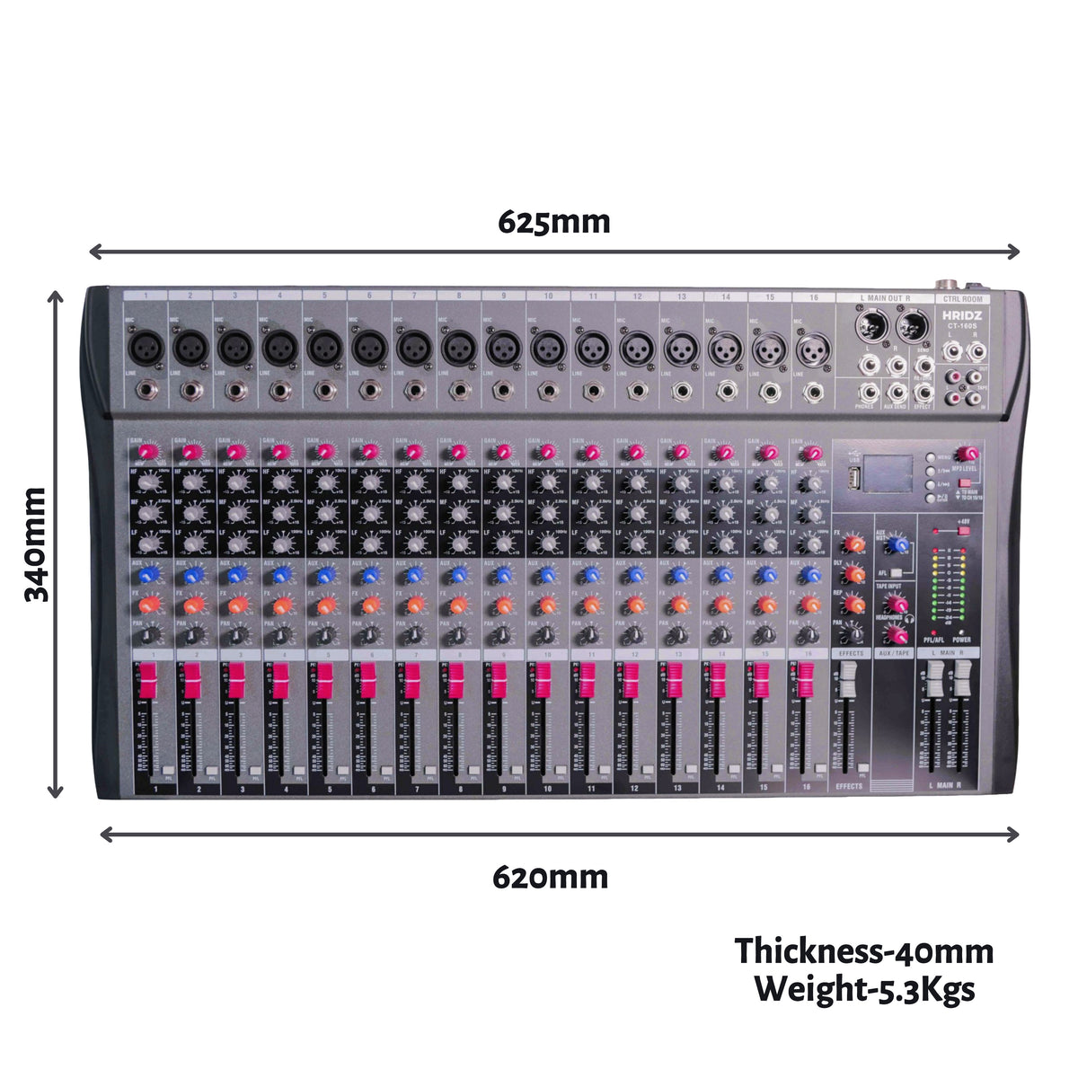 Hridz CT-160S 16-Channel Bluetooth Audio Mixer with USB & 48V Phantom Power