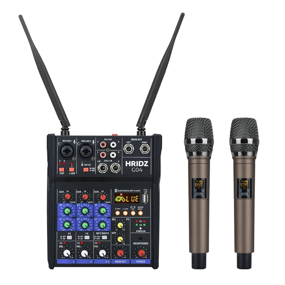 Hridz G04 4-Channel Audio Mixer with UHF Wireless Microphone — Bluetooth DJ & Karaoke Console