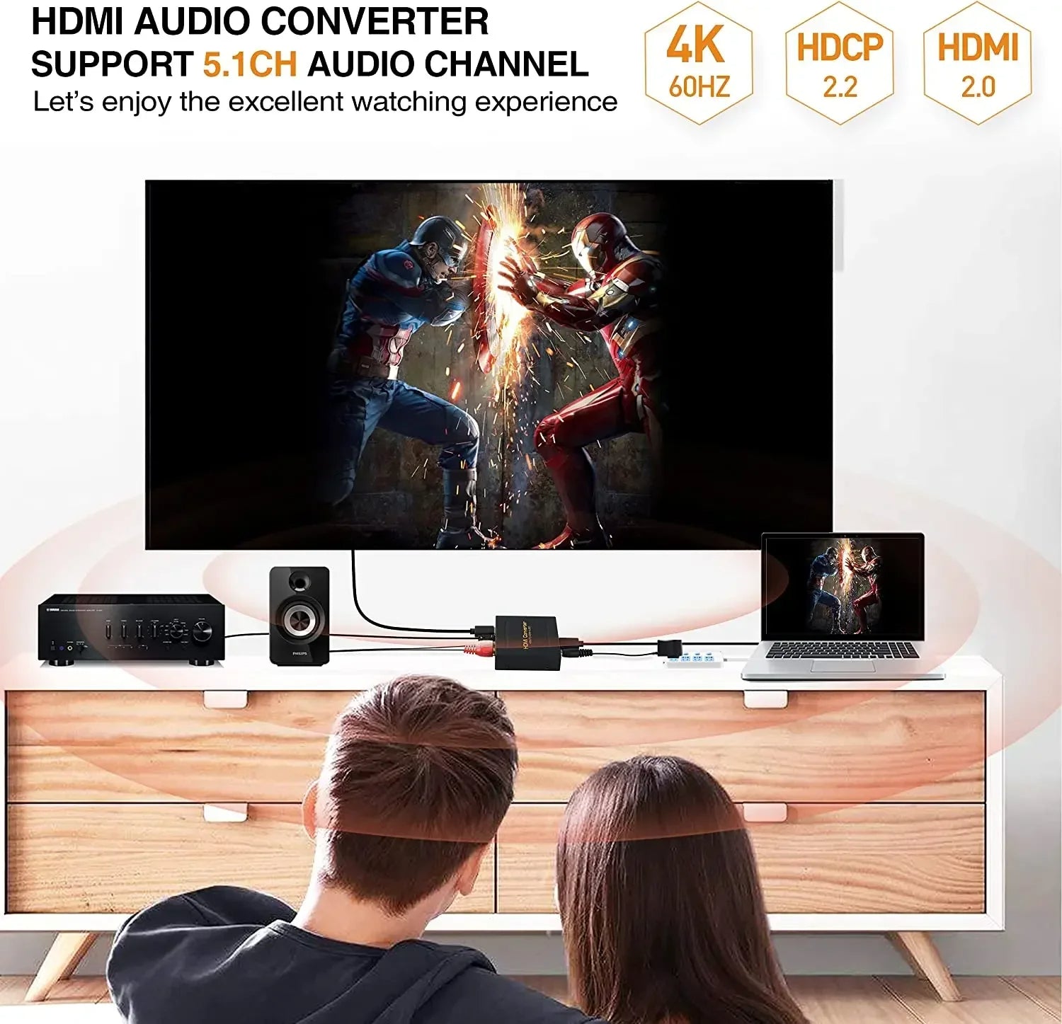 Hridz HDMI Audio Extractor Converter 4K 60Hz HDMI to SPDIF + RCA L/R Stereo
