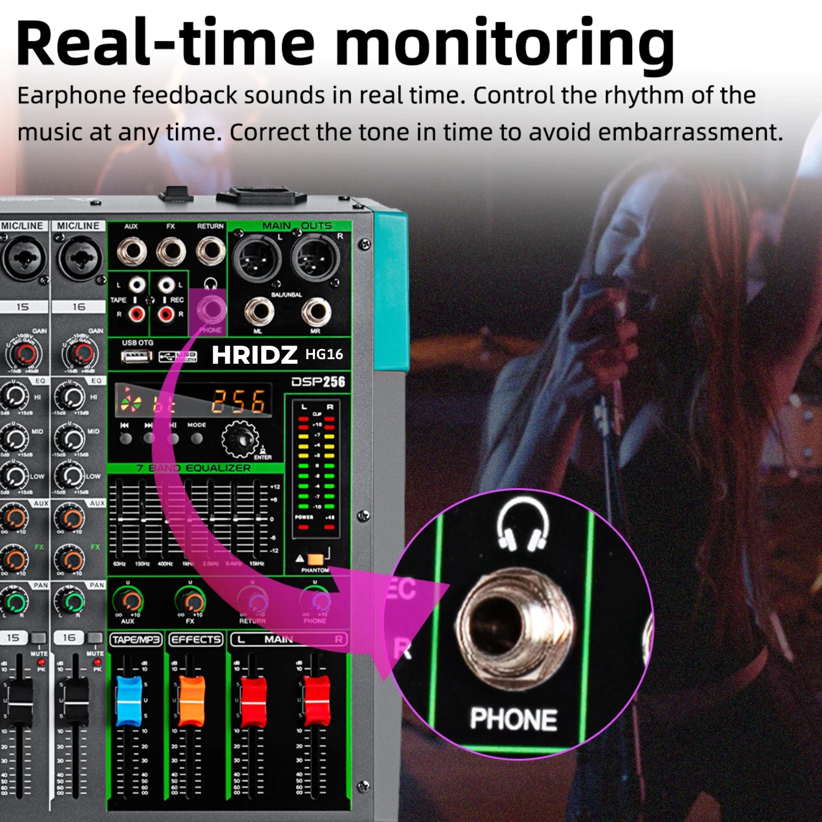 Hridz HG16 16-Channel Professional Audio Mixer Console with Bluetooth, USB, 7-Band Equalizer, DSP Effects