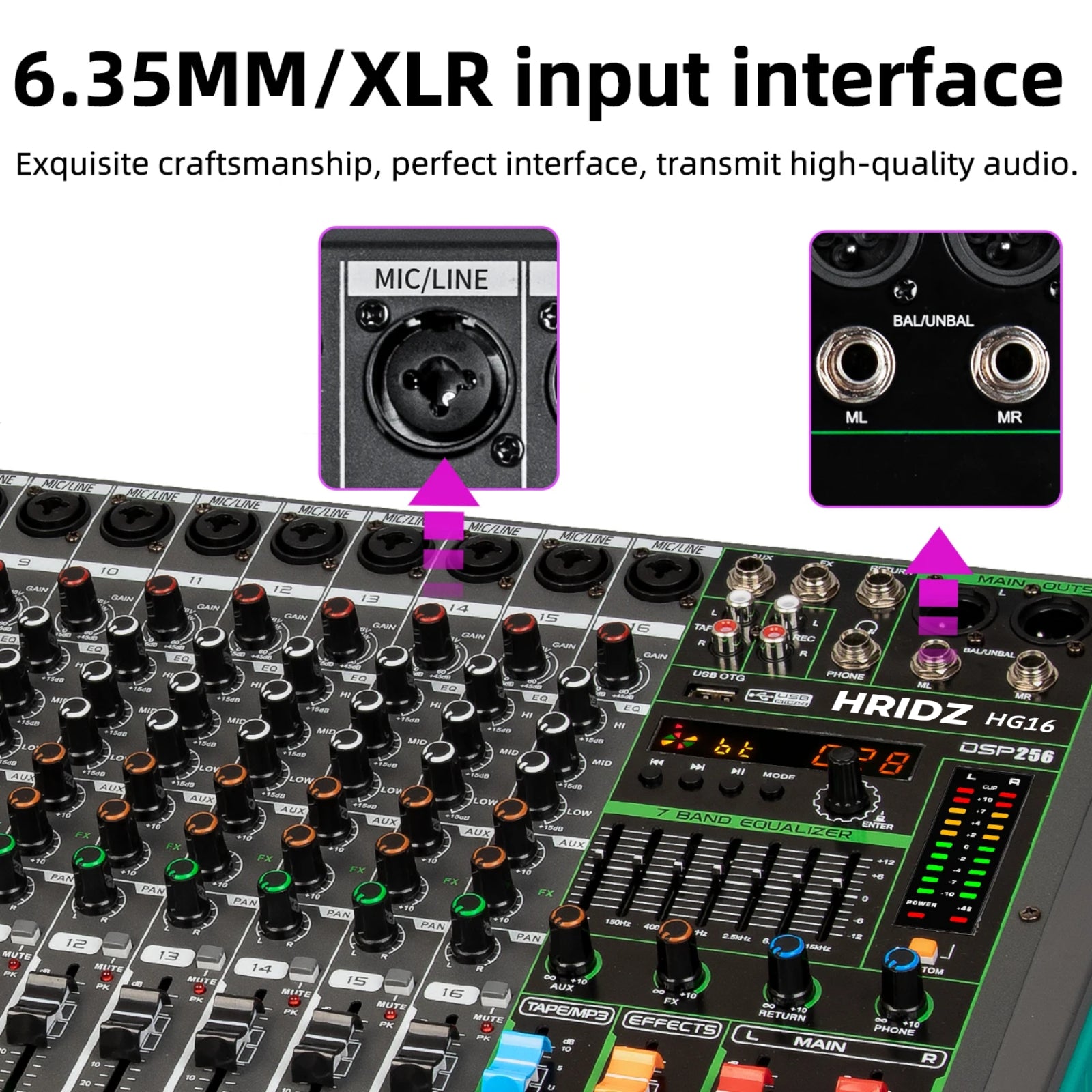 Hridz HG16 16-Channel Professional Audio Mixer Console with Bluetooth, USB, 7-Band Equalizer, DSP Effects