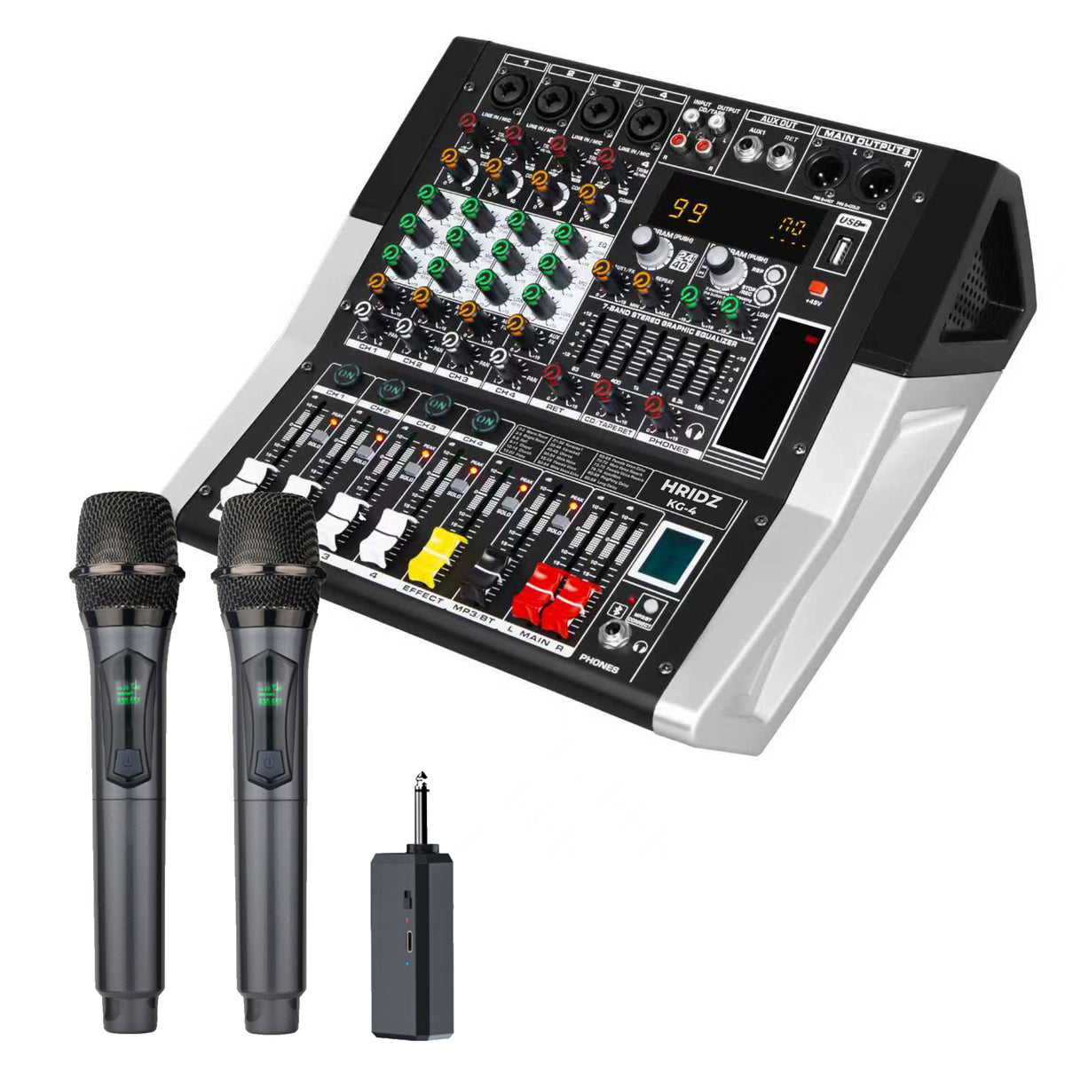 Hridz KG-4 Powered Mixer & U8 Dual Wireless Mic Bundle, 600W × 2