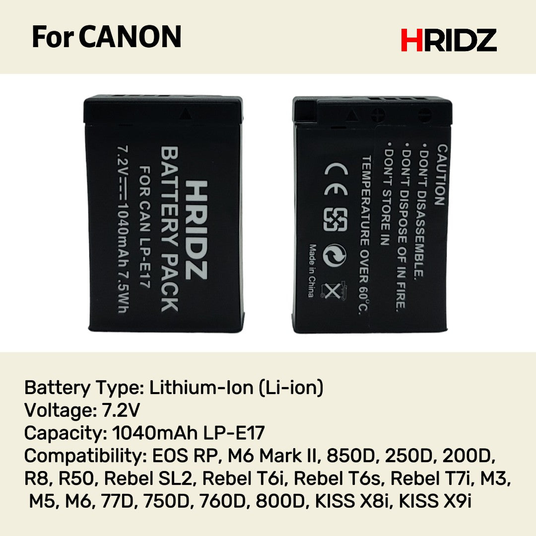 Hridz LP-E17 Battery & Charger Kit β 2 Batteries + Dual USB Charger for Canon EOS R8, R50, RP, M6, 200D, 77D, 800D