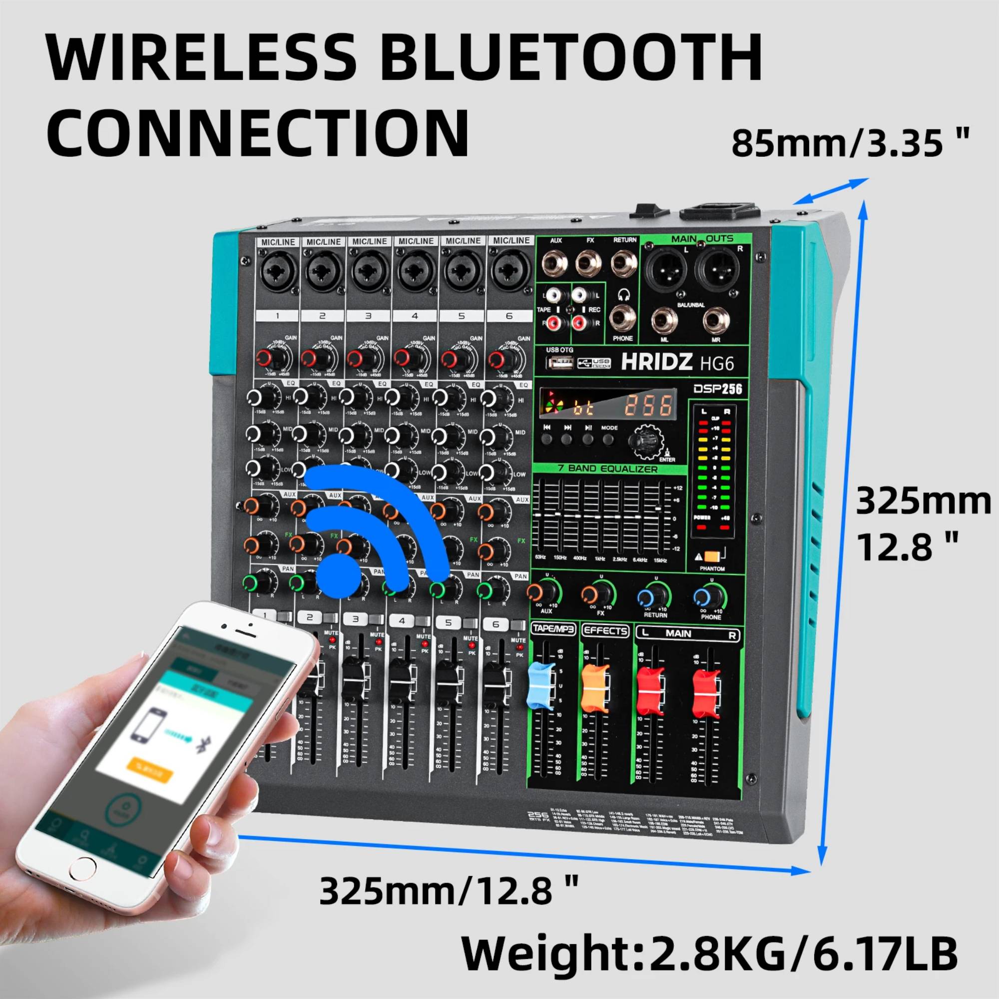 Hridz 6 Channel Professional Audio Mixer Console with Bluetooth, USB, 7 Band Equalizer & DSP Effects - HG6