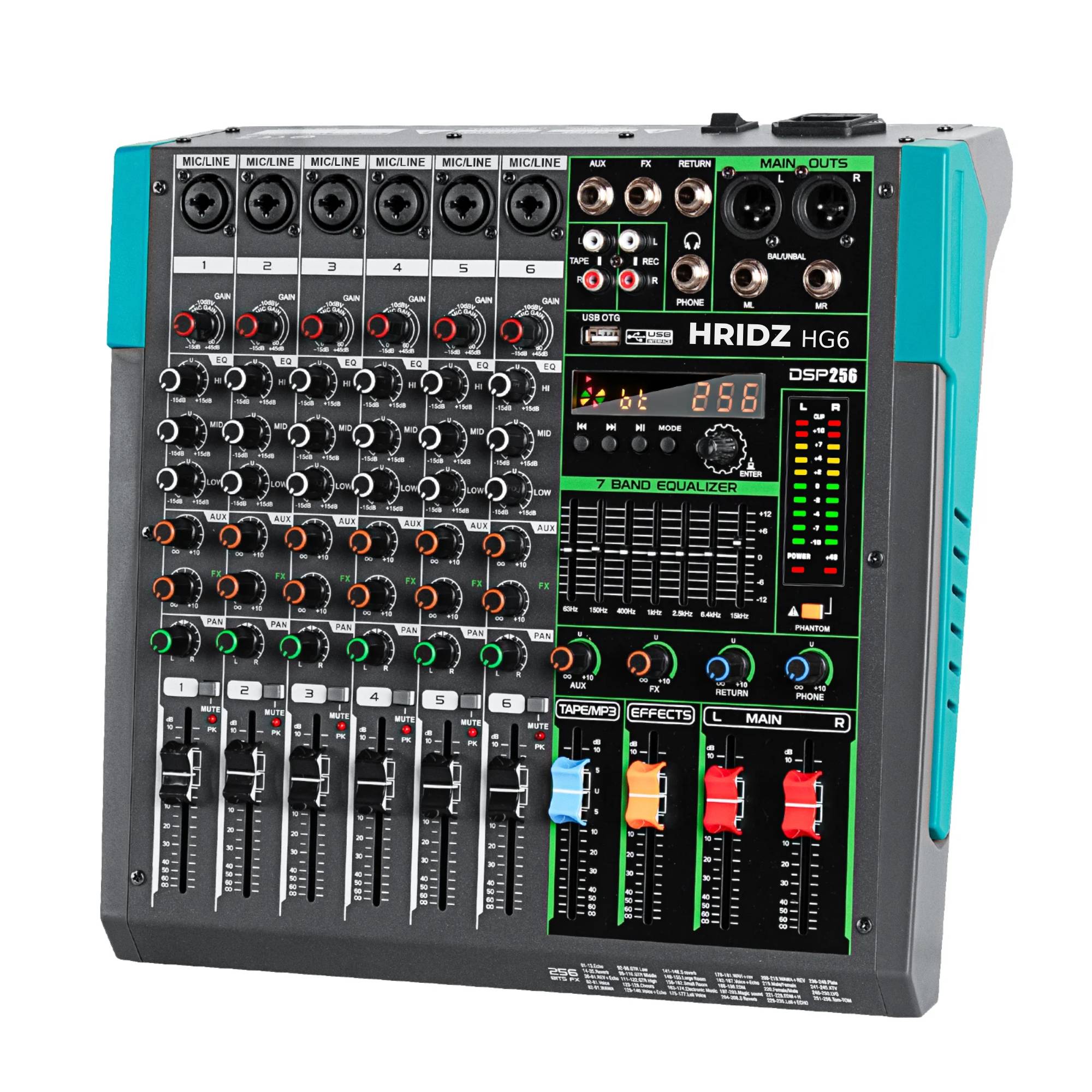 Hridz 6 Channel Professional Audio Mixer Console with Bluetooth, USB, 7 Band Equalizer & DSP Effects - HG6