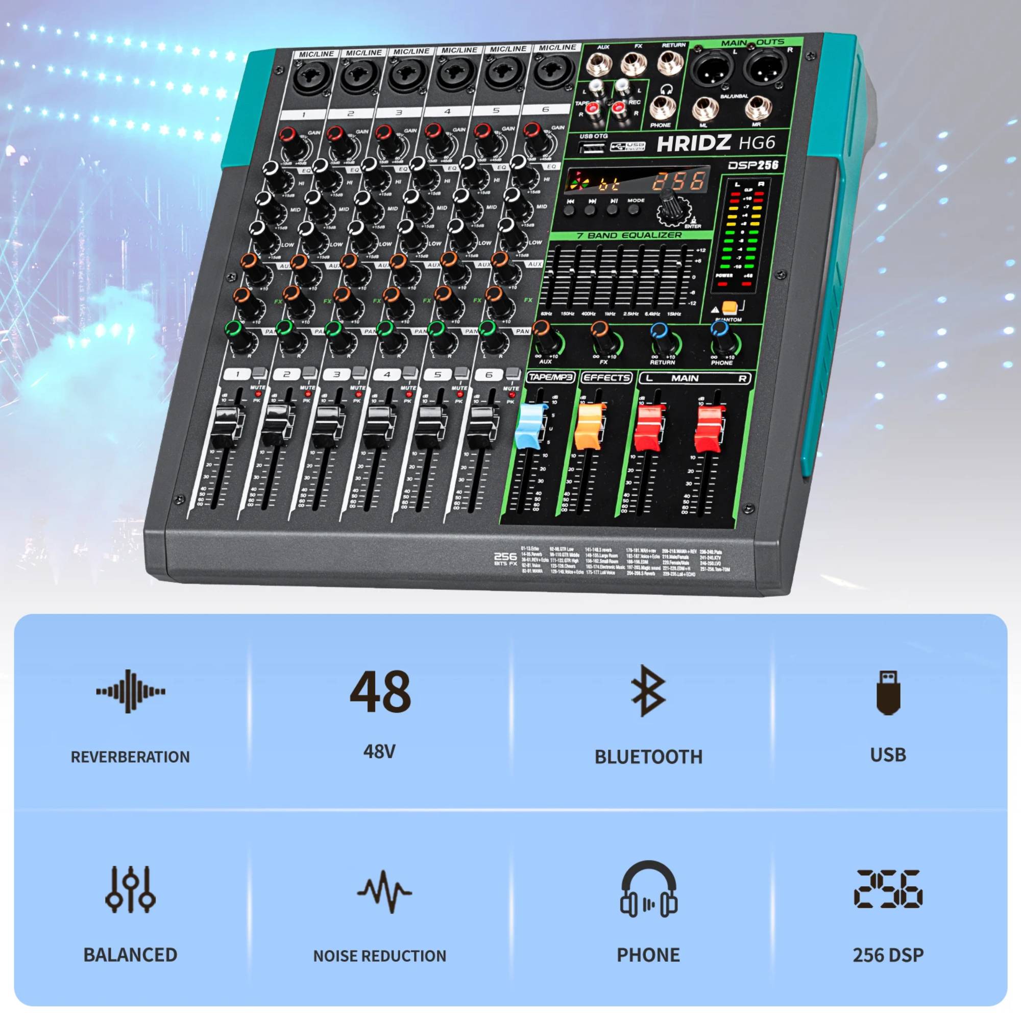 Hridz 6 Channel Professional Audio Mixer Console with Bluetooth, USB, 7 Band Equalizer & DSP Effects - HG6