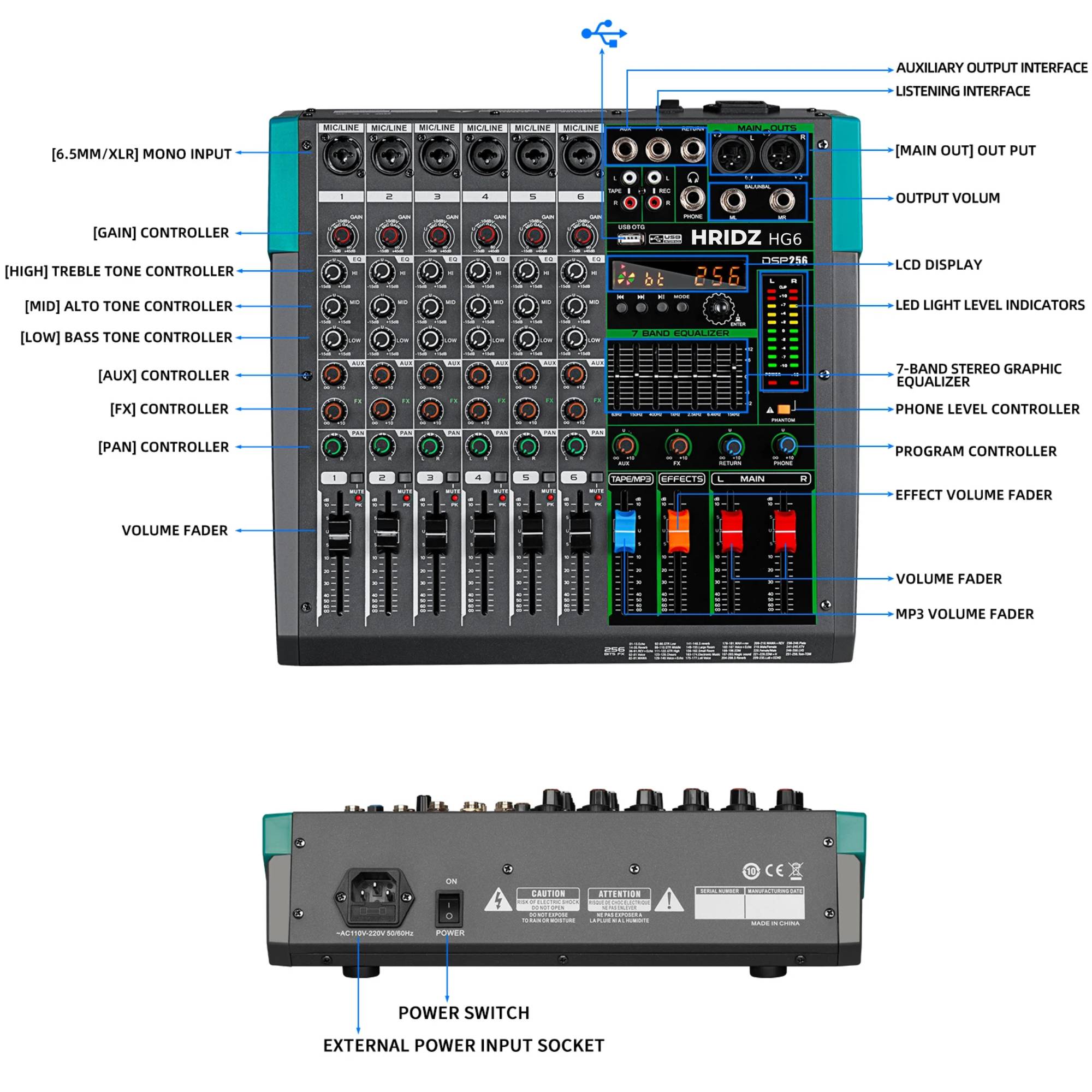 Hridz 6 Channel Professional Audio Mixer Console with Bluetooth, USB, 7 Band Equalizer & DSP Effects - HG6