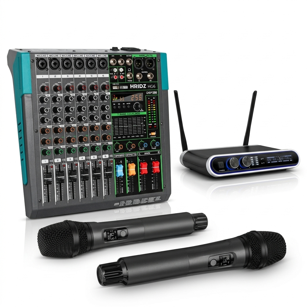 Hridz Pro Audio Combo: HG6 6-Channel Mixer & UR-109 PRO Dual Wireless Microphones