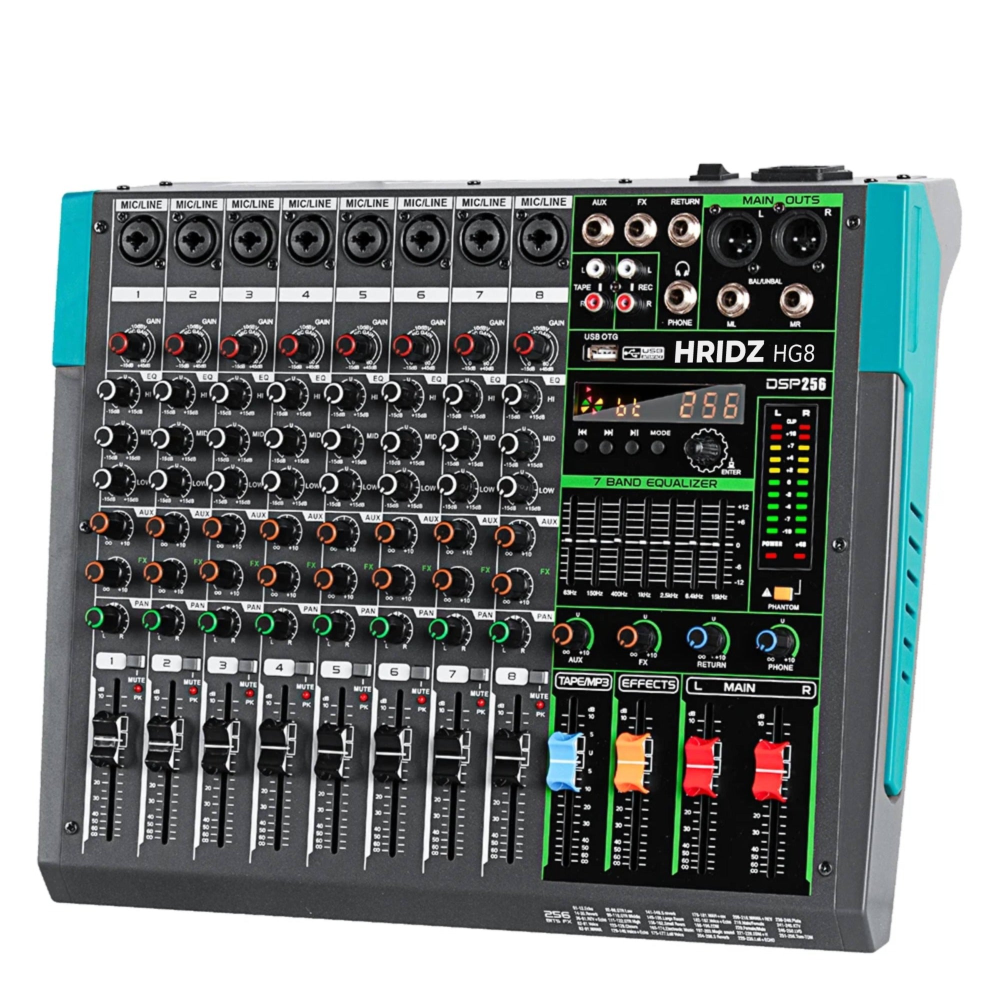 Hridz 8 Channel Professional Audio Mixer Console with Bluetooth, USB, 7 Band Equalizer & DSP Effects - HG8