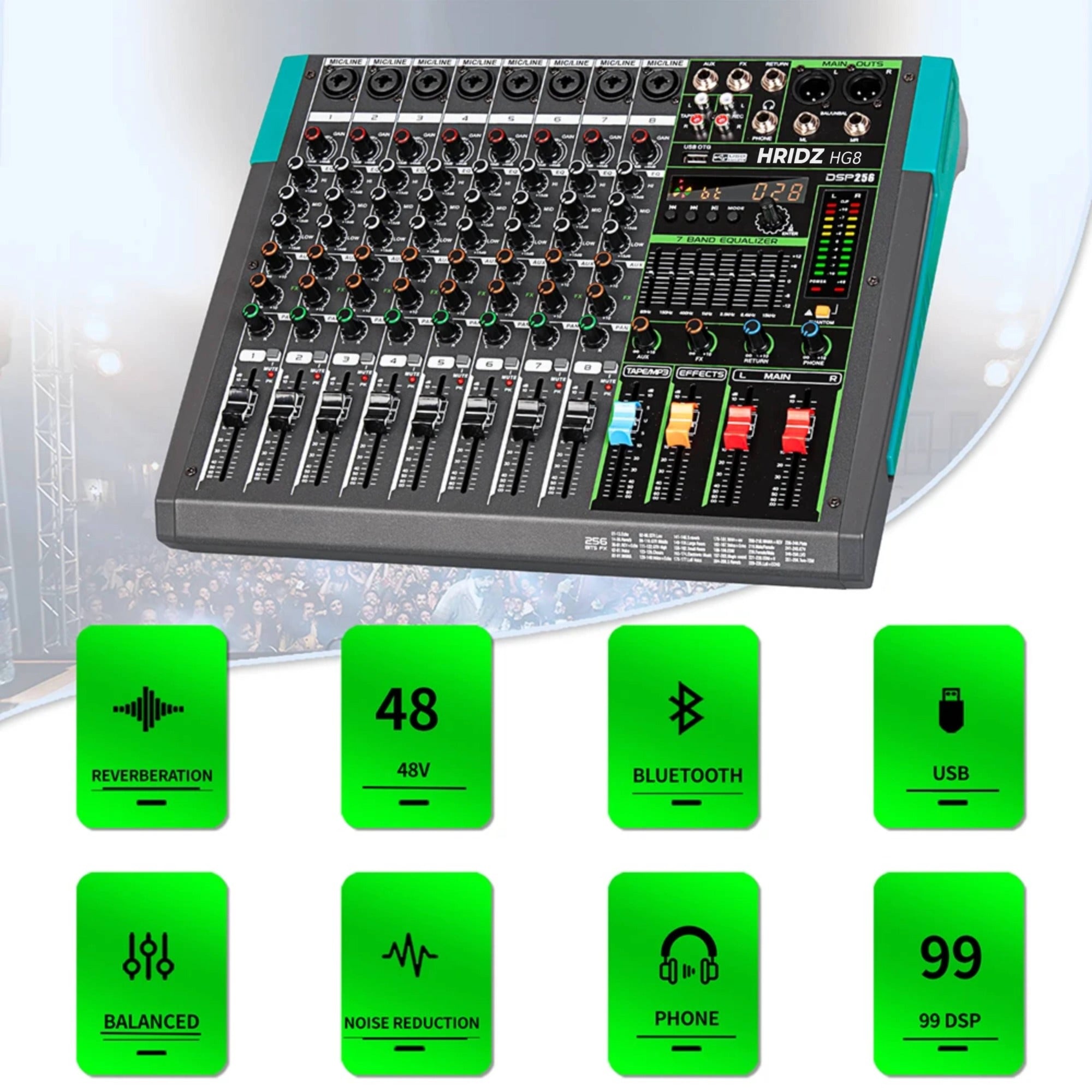 Hridz 8 Channel Professional Audio Mixer Console with Bluetooth, USB, 7 Band Equalizer & DSP Effects - HG8