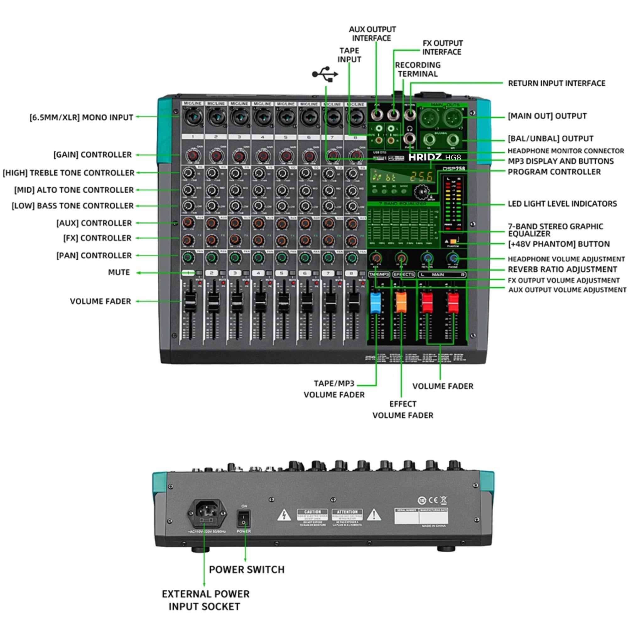 Hridz 8 Channel Professional Audio Mixer Console with Bluetooth, USB, 7 Band Equalizer & DSP Effects - HG8