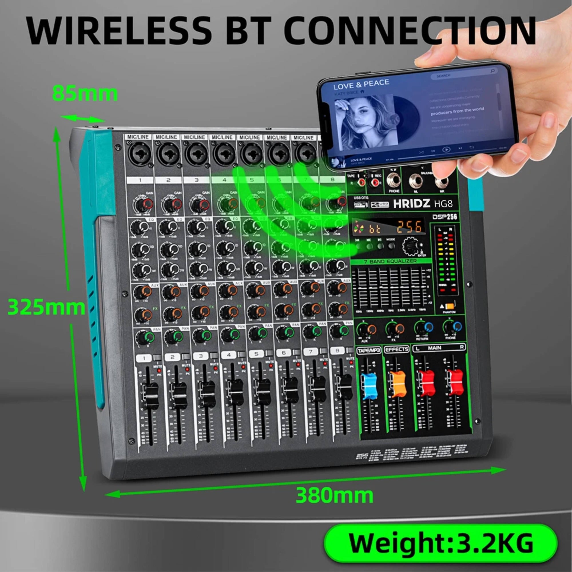 Hridz 8 Channel Professional Audio Mixer Console with Bluetooth, USB, 7 Band Equalizer & DSP Effects - HG8