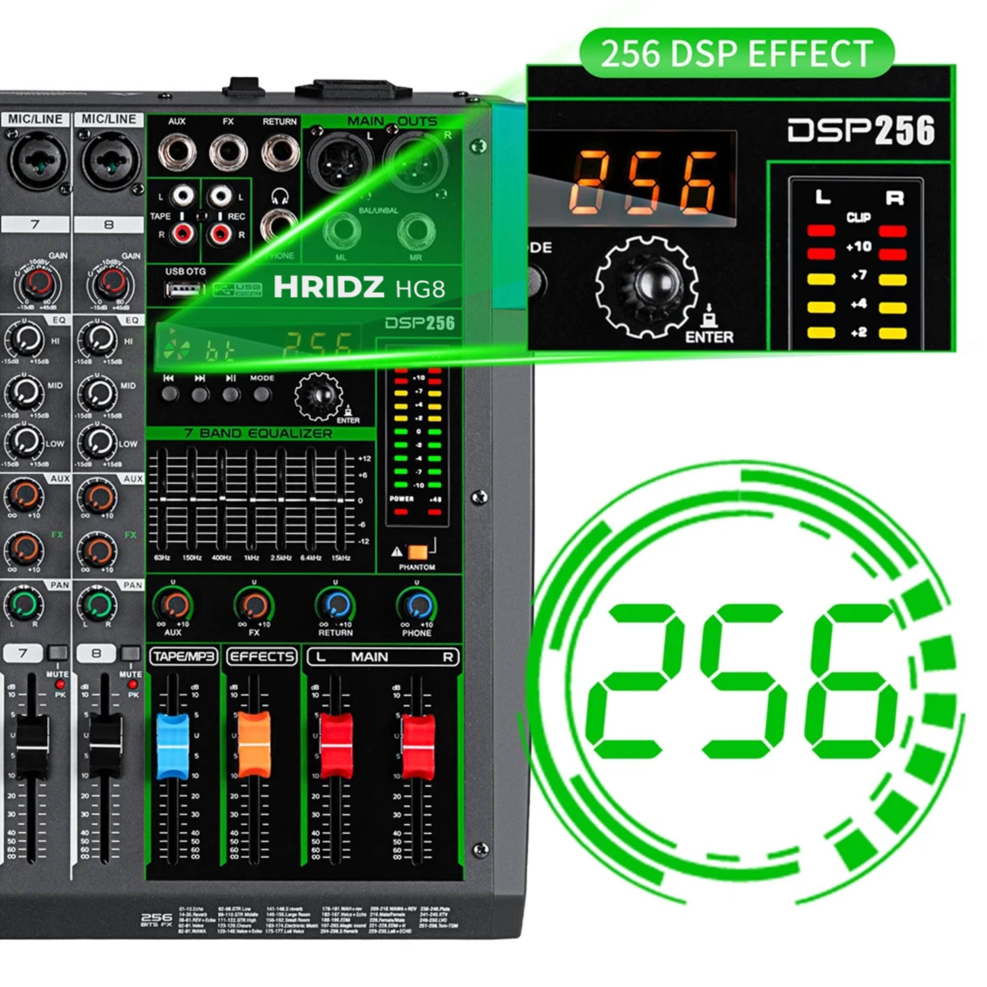 Hridz 8 Channel Professional Audio Mixer Console with Bluetooth, USB, 7 Band Equalizer & DSP Effects - HG8