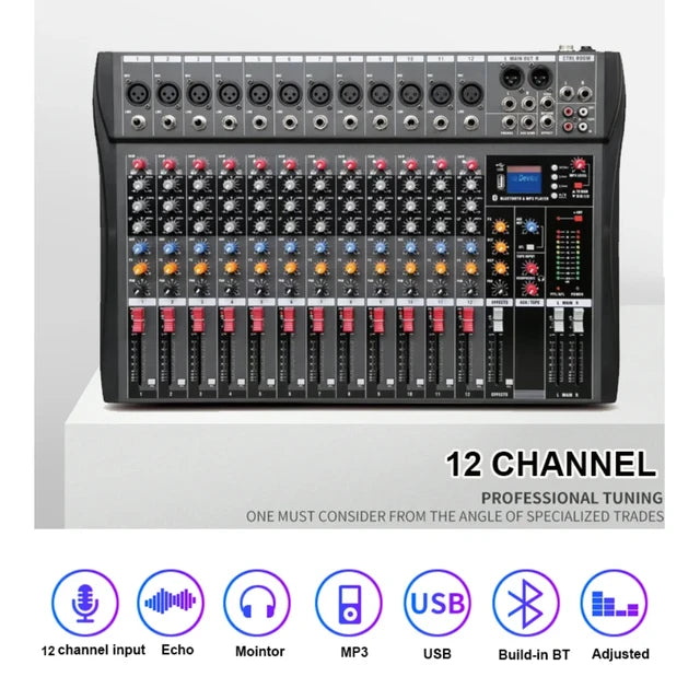 CT-120S Professional Audio Mixer for Karaoke - Pro 12-Channel Outdoor Sound Mixing Console