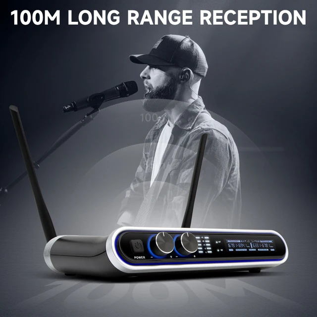 Hridz UHF Wireless Microphone System Dual Handheld Mics with 100m Range Receiver for Karaoke Meetings Parties