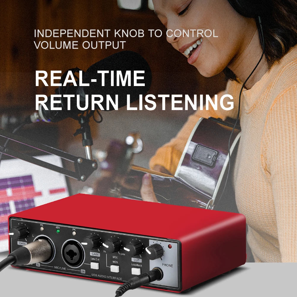 Hridz USB Audio Interface 2-In2-Out Sound Card with 48V Phantom Power, Loopback & Zero-Latency Monitoring