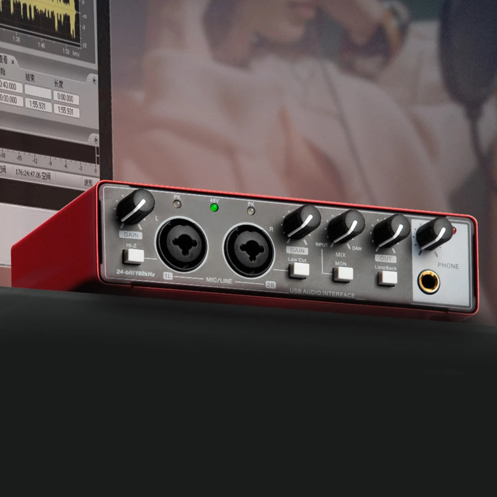 Hridz USB Audio Interface 2-In2-Out Sound Card with 48V Phantom Power, Loopback & Zero-Latency Monitoring