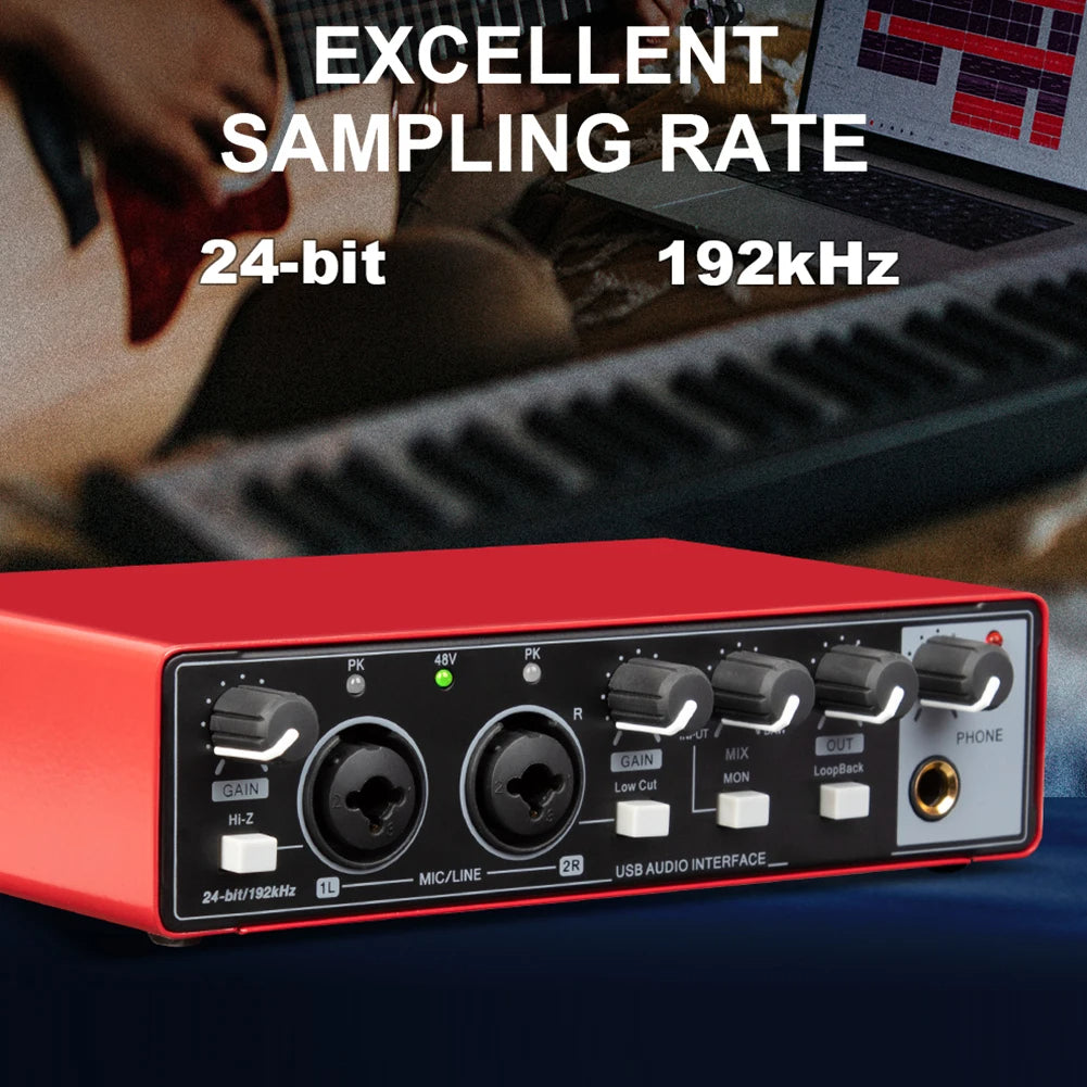 Hridz USB Audio Interface 2-In2-Out Sound Card with 48V Phantom Power, Loopback & Zero-Latency Monitoring