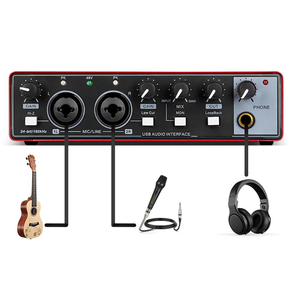 Hridz USB Audio Interface 2-In2-Out Sound Card with 48V Phantom Power, Loopback & Zero-Latency Monitoring