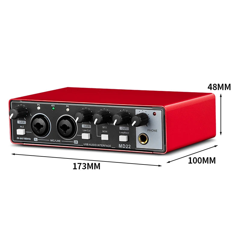 Hridz USB Audio Interface 2-In2-Out Sound Card with 48V Phantom Power, Loopback & Zero-Latency Monitoring