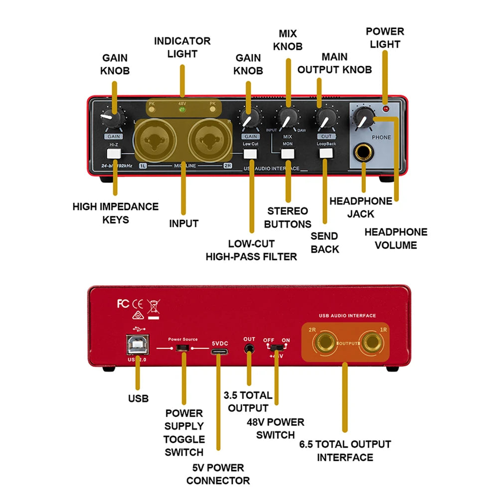 Hridz USB Audio Interface 2-In2-Out Sound Card with 48V Phantom Power, Loopback & Zero-Latency Monitoring