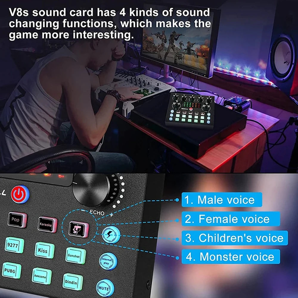 Hridz V8S Sound Card Bluetooth Sound Mixer Board for Live Streaming with Effects