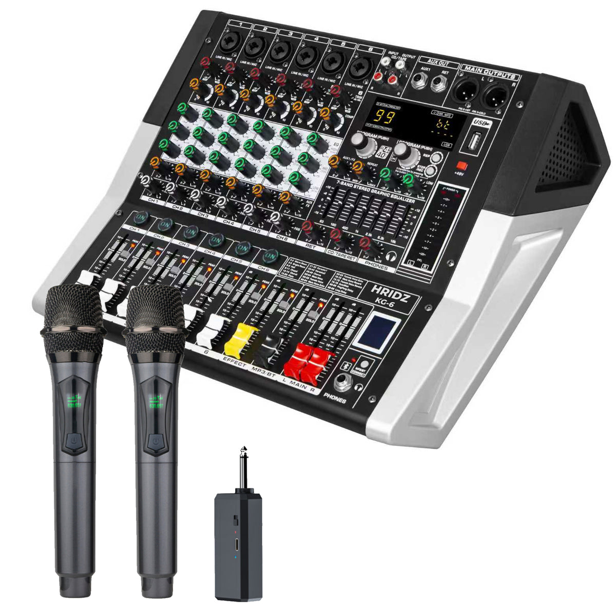 Hridz KG-6 powered audio mixer with two U8 wireless microphones and receiver bundle
