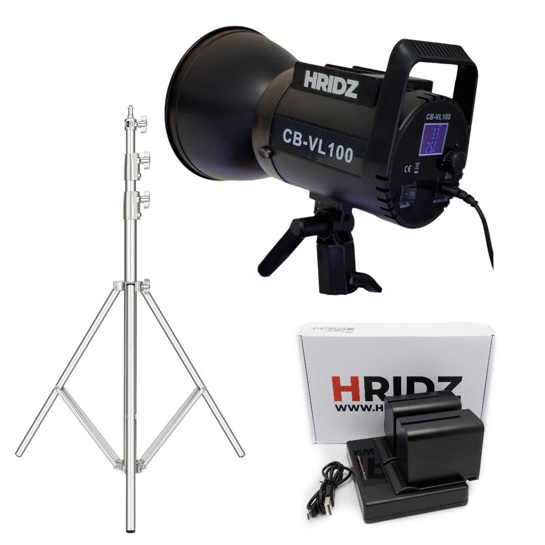 Hridz VL100 Light with NPF970 Battery Pack & 2.8m Heavy duty stand Combo Pack